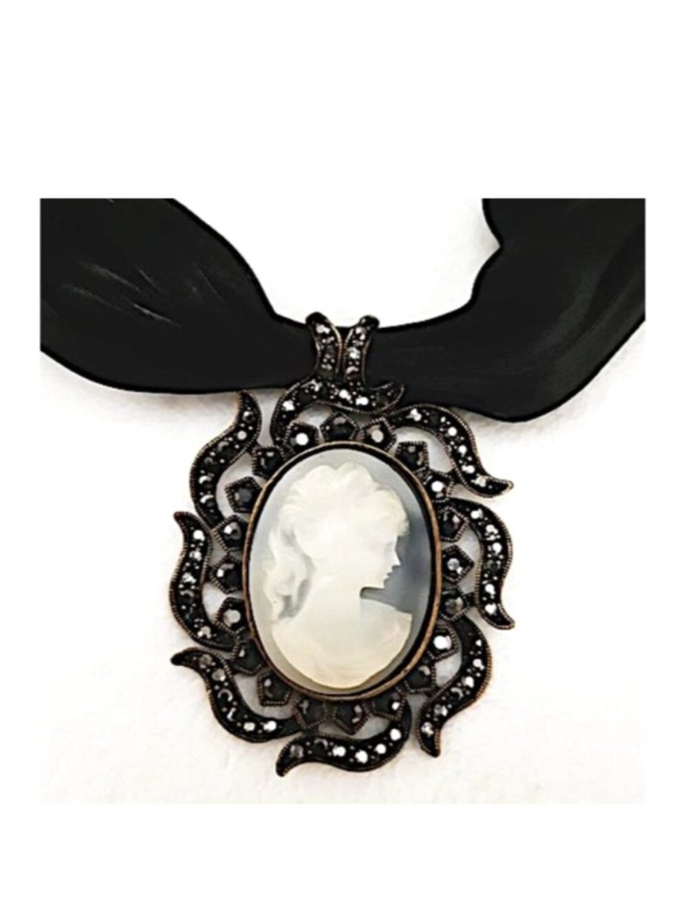 BLACK Satin Cameo Crystal Brass Pendant-Necklace